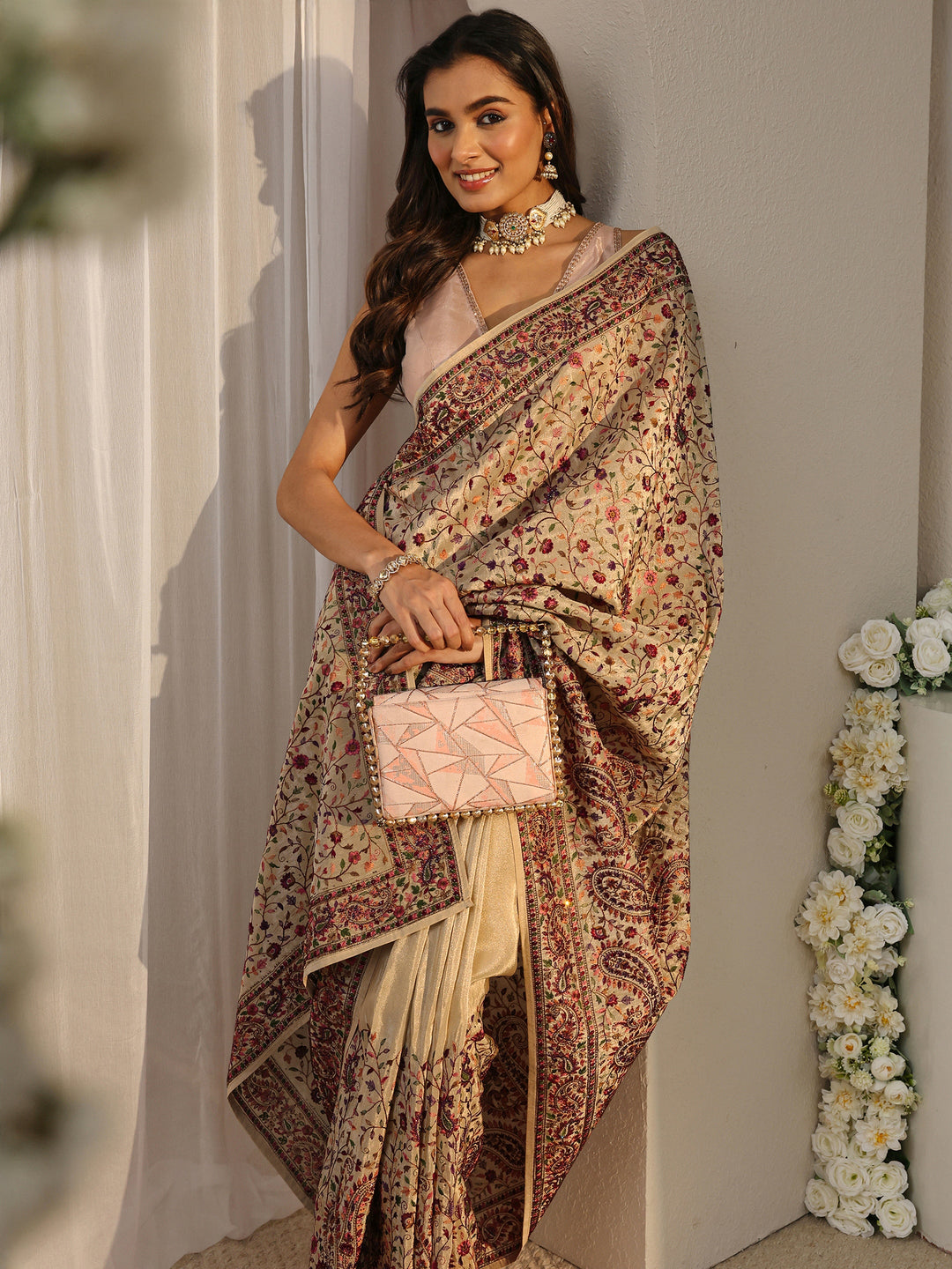 Libas Art Beige Floral Embroidered Satin Saree With Unstitched Blouse Piece