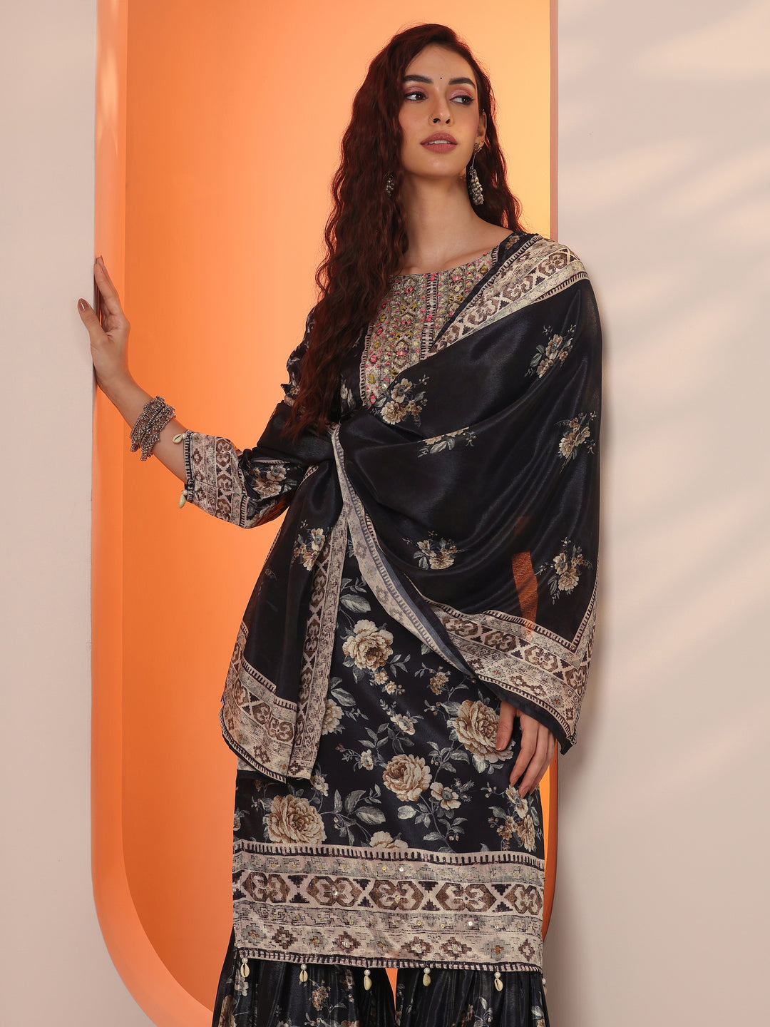 Libas Art Black Embellished Chinon Straight Suit Set With Dupatta