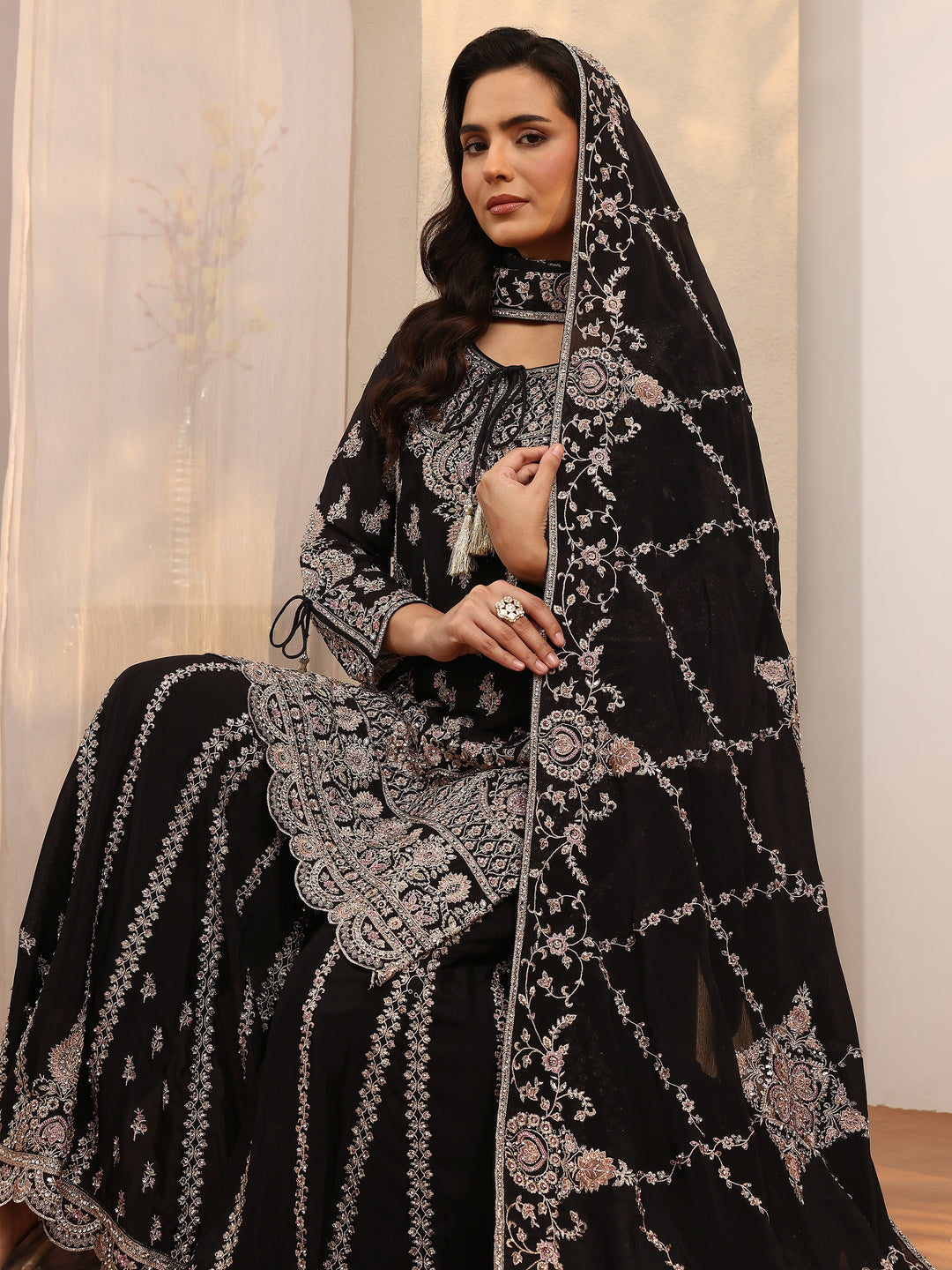 Libas Art Black Embroidered Chinon Straight Suit Set With Dupatta