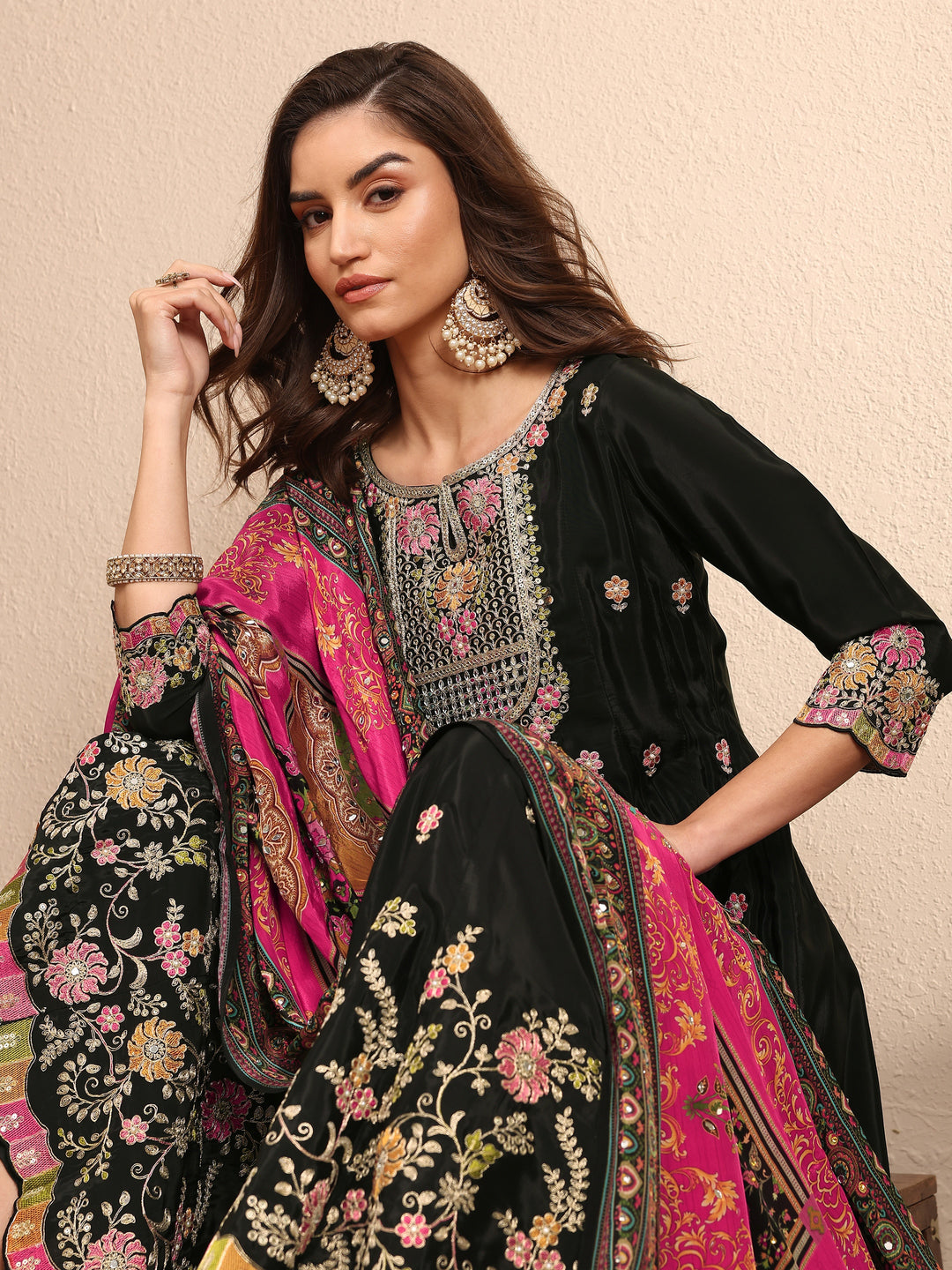 Libas Art Black Embroidered Crepe Anarkali Suit Set With Dupatta
