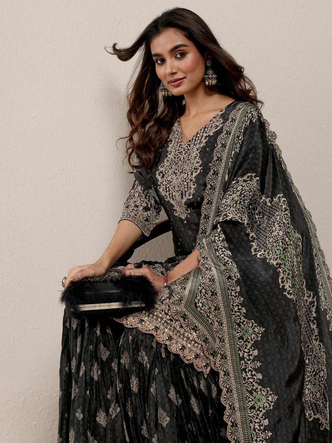 Libas Art Black Embroidered Silk Crepe Straight Suit Set With Dupatta