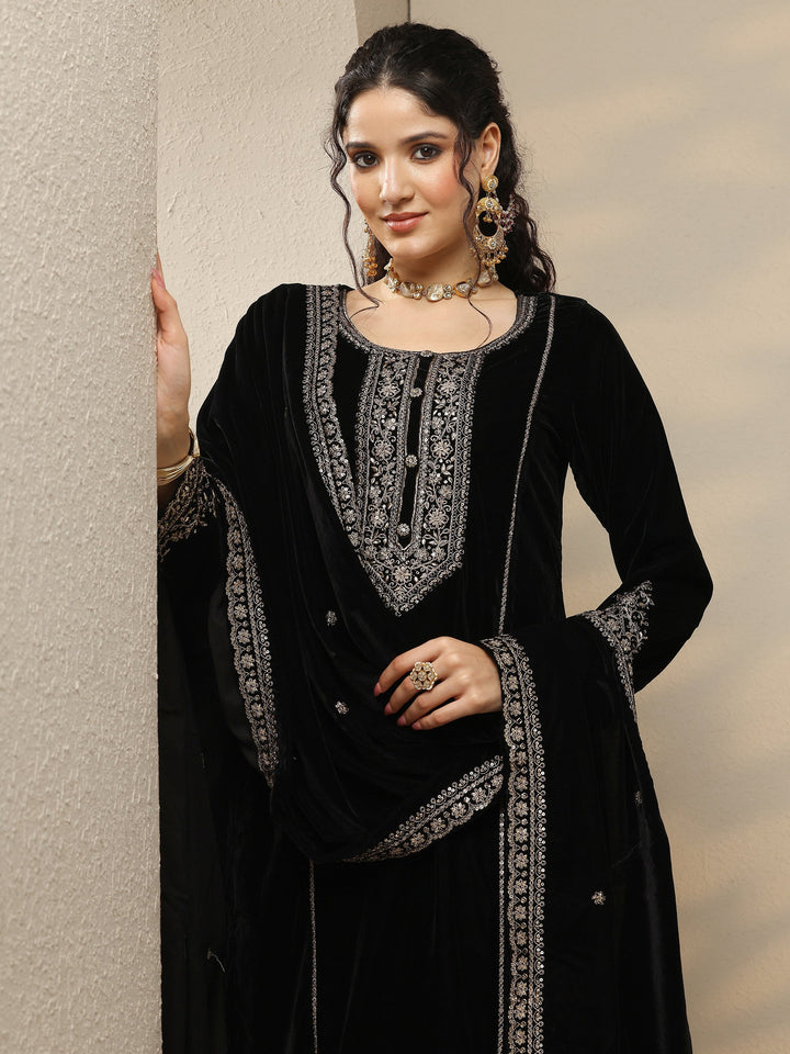 Libas Art Black Embroidered Velvet Straight Suit Set With Dupatta