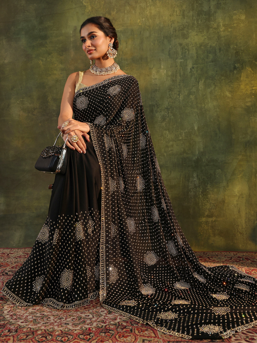 Libas Art Black Floral Embellished Satin Saree With Unstitched Blouse Piece