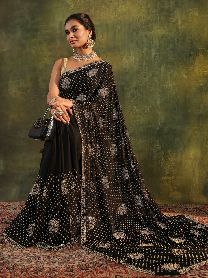 Libas Art Black Floral Embellished Satin Saree With Unstitched Blouse Piece