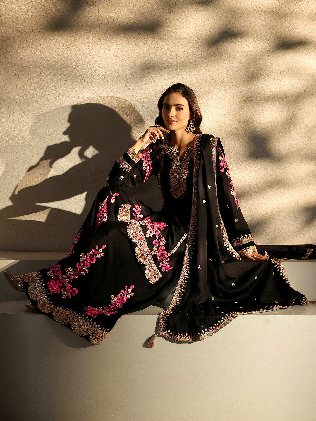 Libas Art Black Floral Embroidered Chinon Palazzo Suit Set With Dupatta