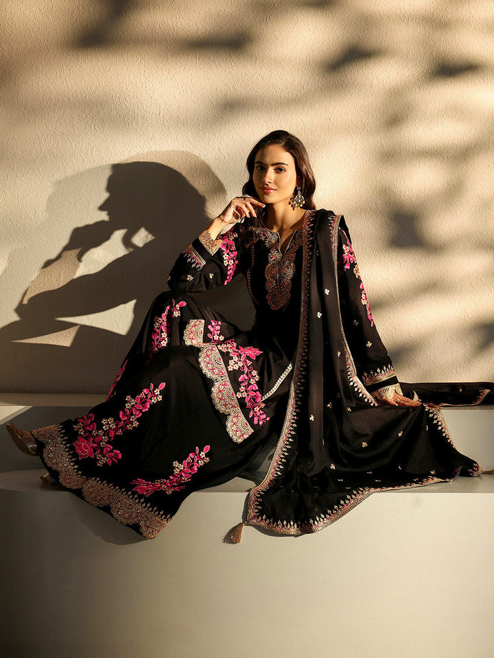 Libas Art Black Floral Embroidered Chinon Palazzo Suit Set With Dupatta