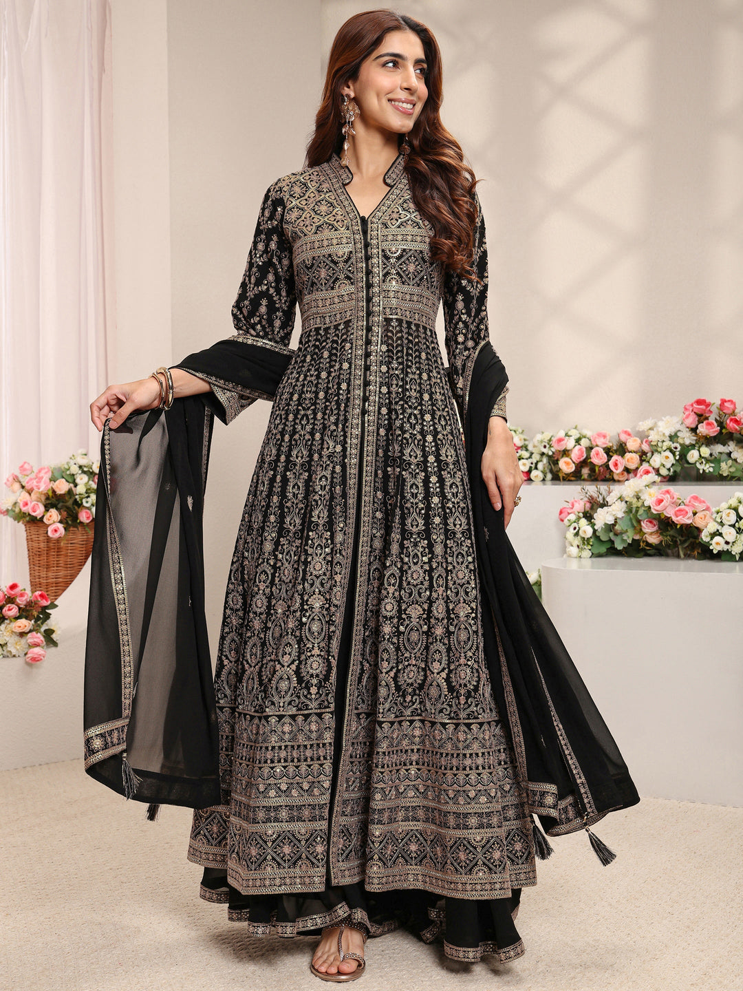 Libas Art Black Floral Embroidered Georgette A-Line Suit Set With Dupatta