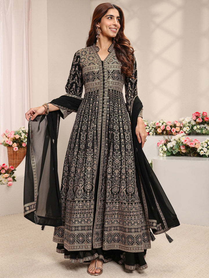 Libas Art Black Floral Embroidered Georgette A-Line Suit Set With Dupatta