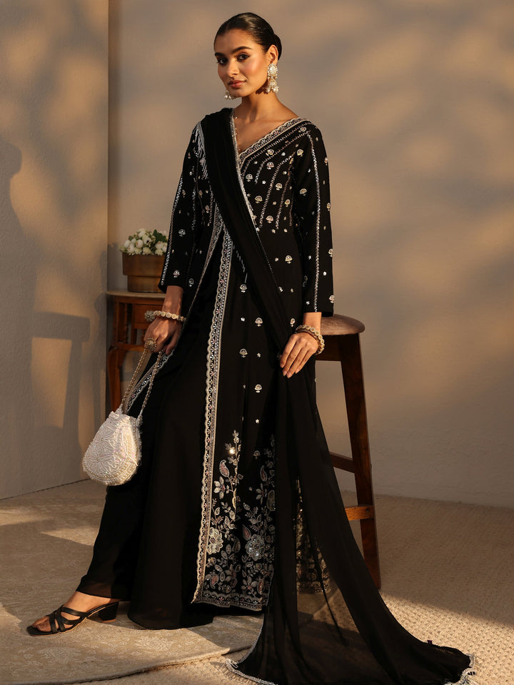 Libas Art Black Floral Embroidered Georgette A-Line Suits Set With Dupatta