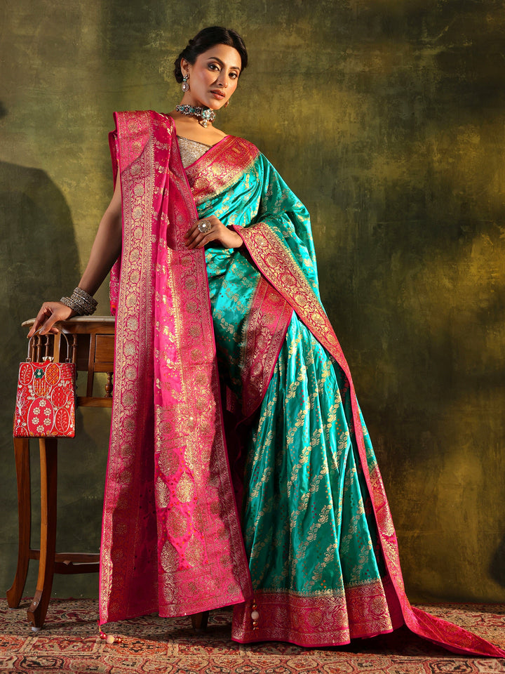 Libas Art Blue Banarasi Satin Saree With Unstitched Blouse Piece