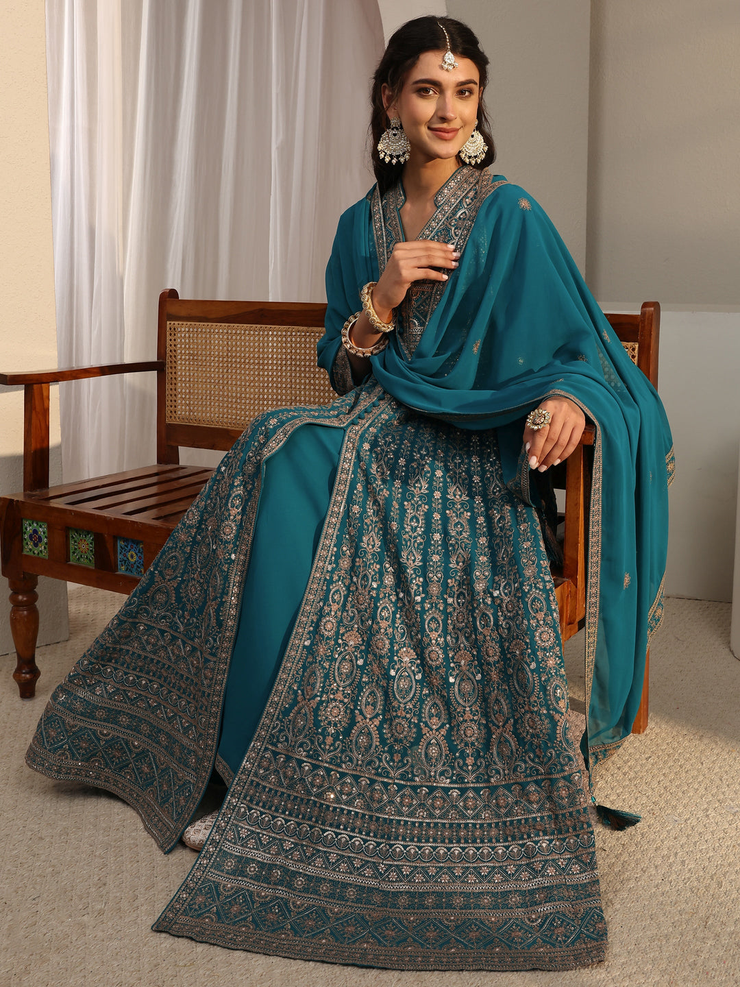 Libas Art Blue Embellished Georgette Anarkali Suit Set With Dupatta