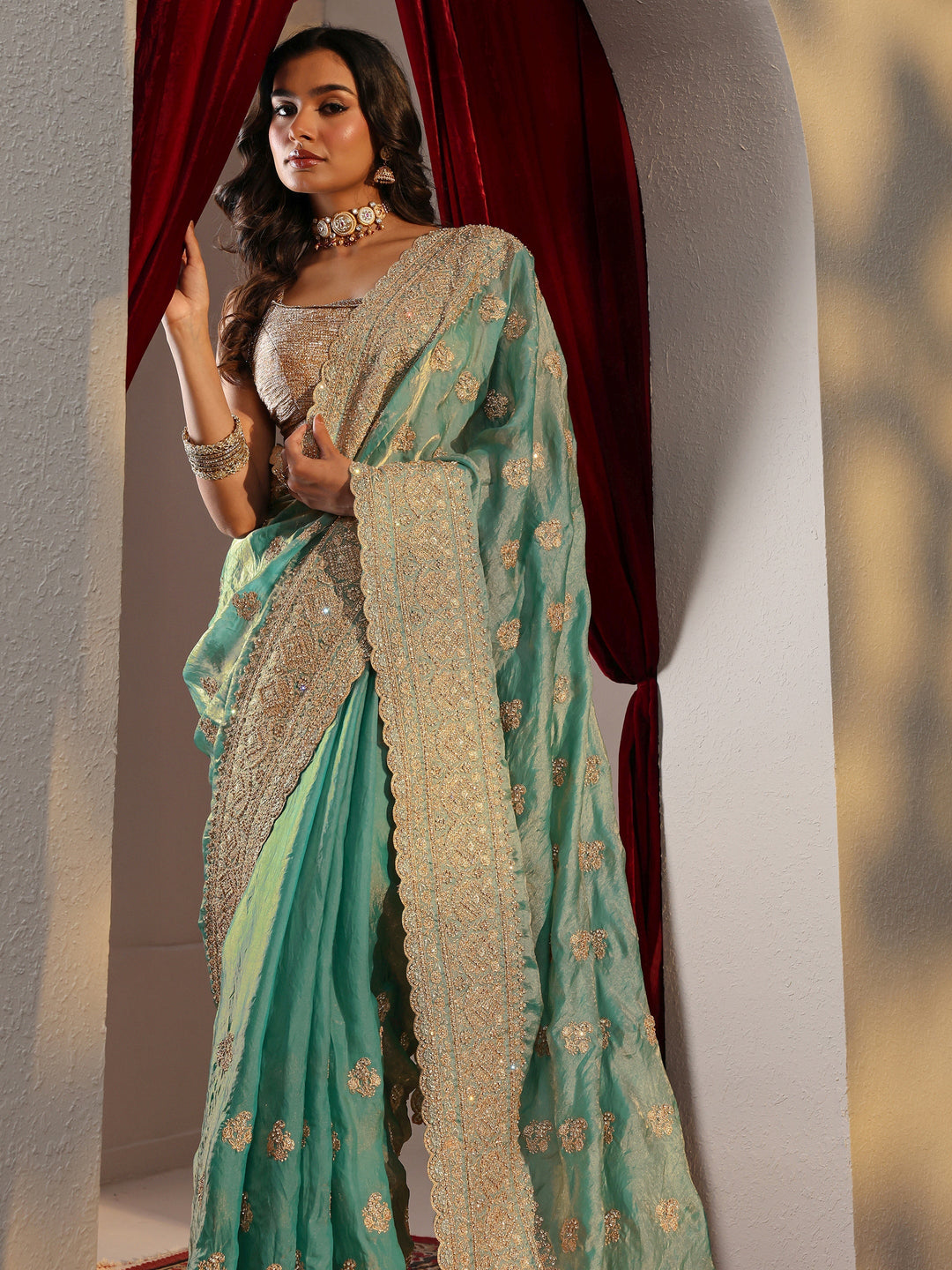 Libas Art Blue Embellished Tissue Saree With Unstitched Blouse Piece