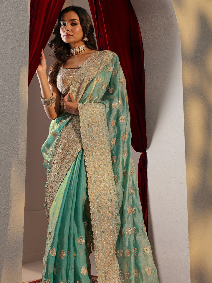 Libas Art Blue Embellished Tissue Saree With Unstitched Blouse Piece