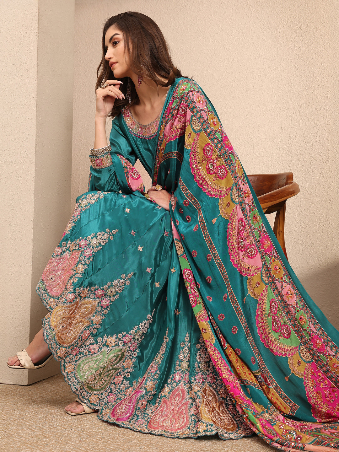 Libas Art Blue Embroidered Crepe Anarkali Suit Set With Dupatta