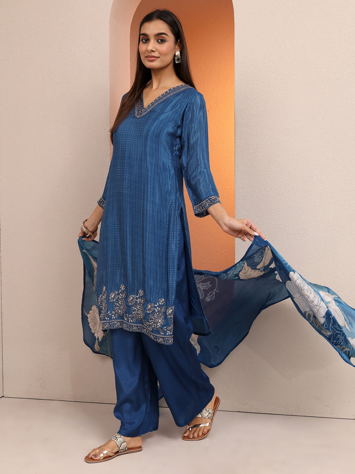 Libas Art Blue Embroidered Crepe Straight Suit Set With Dupatta