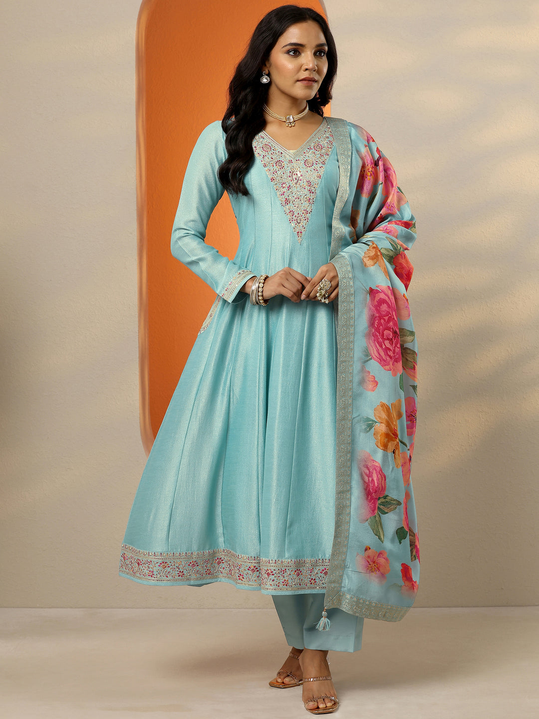 Blue Embroidered Silk Blend Anarkali Suit Set With Dupatta