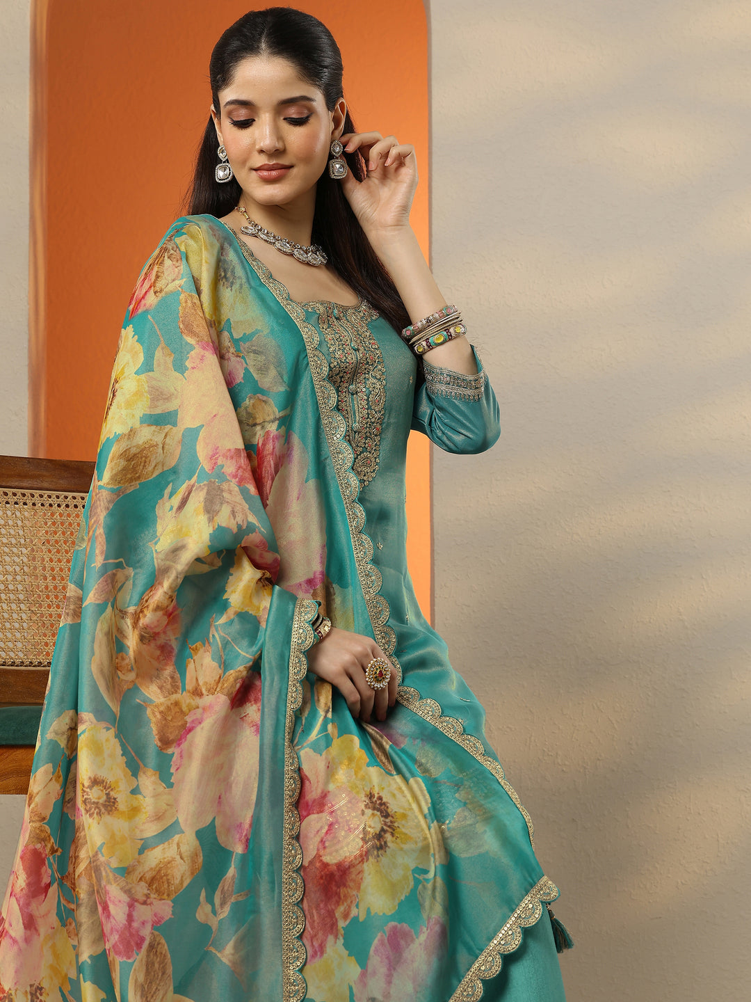 Libas Art Blue Embroidered Silk Blend Straight Suit Set With Dupatta