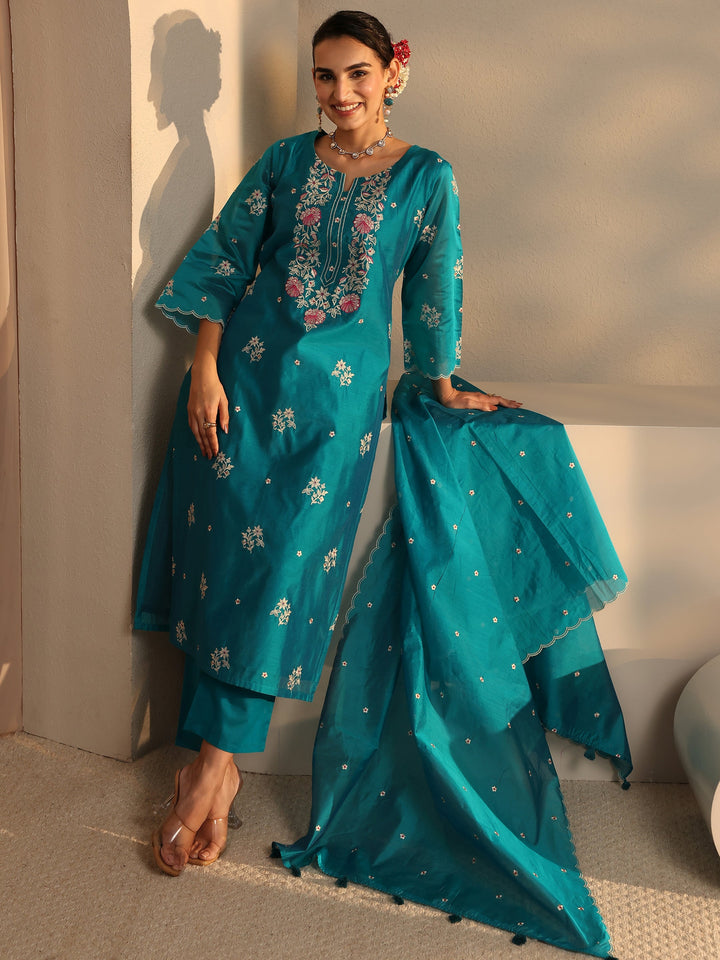Libas Art Blue Embroidered Silk Blend Straight Suit Set With Dupatta