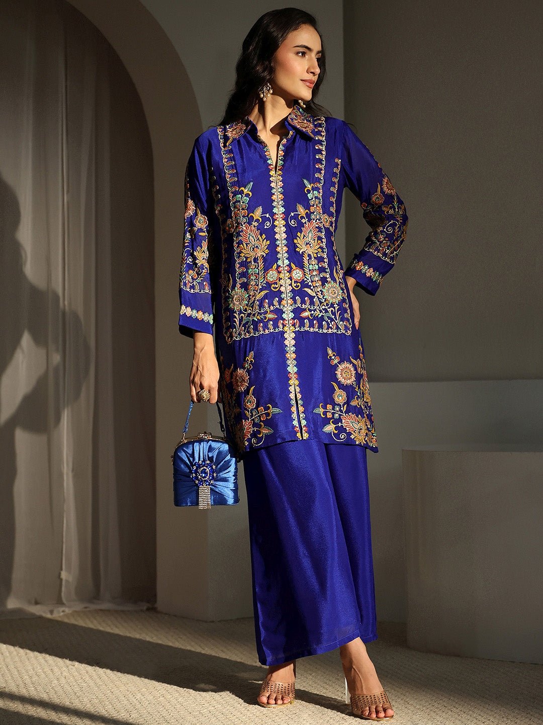 Libas Art Blue Floral Embroidered Chinon Co-Ord Set