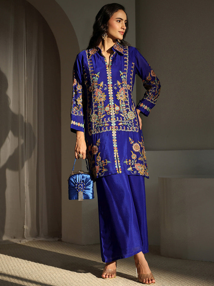 Libas Art Blue Floral Embroidered Chinon Co-Ord Set