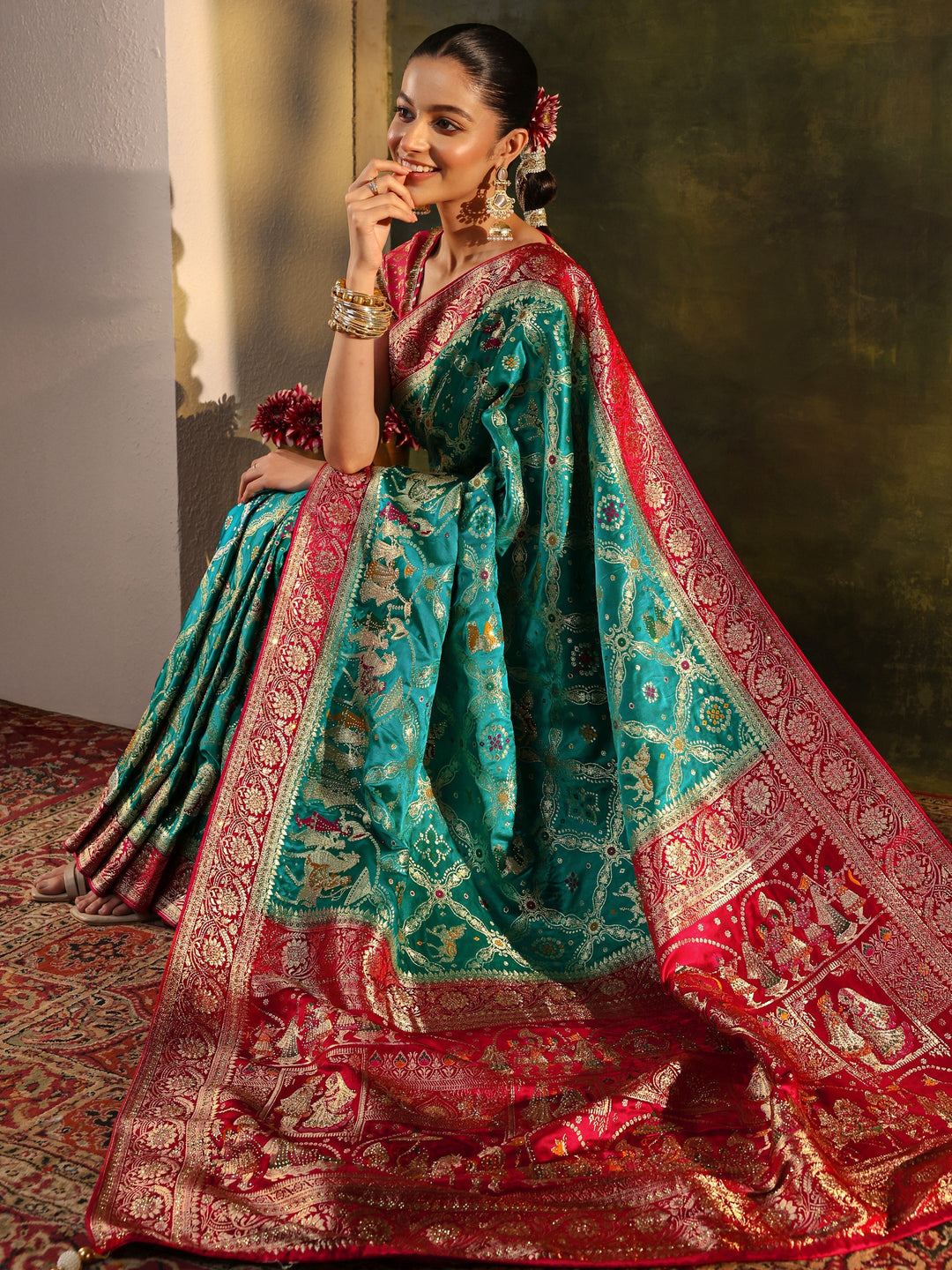 Libas Art Blue Gharchola Woven Design Satin Saree With Unstitched Blouse Piece