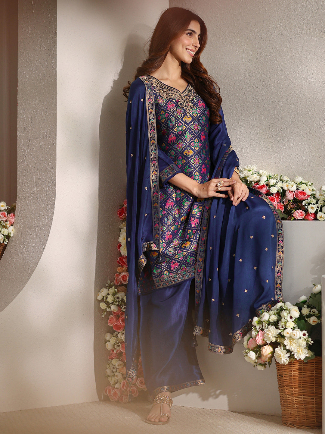 Libas Art Blue Patola Woven Design Silk Blend Straight Suit Set With Dupatta