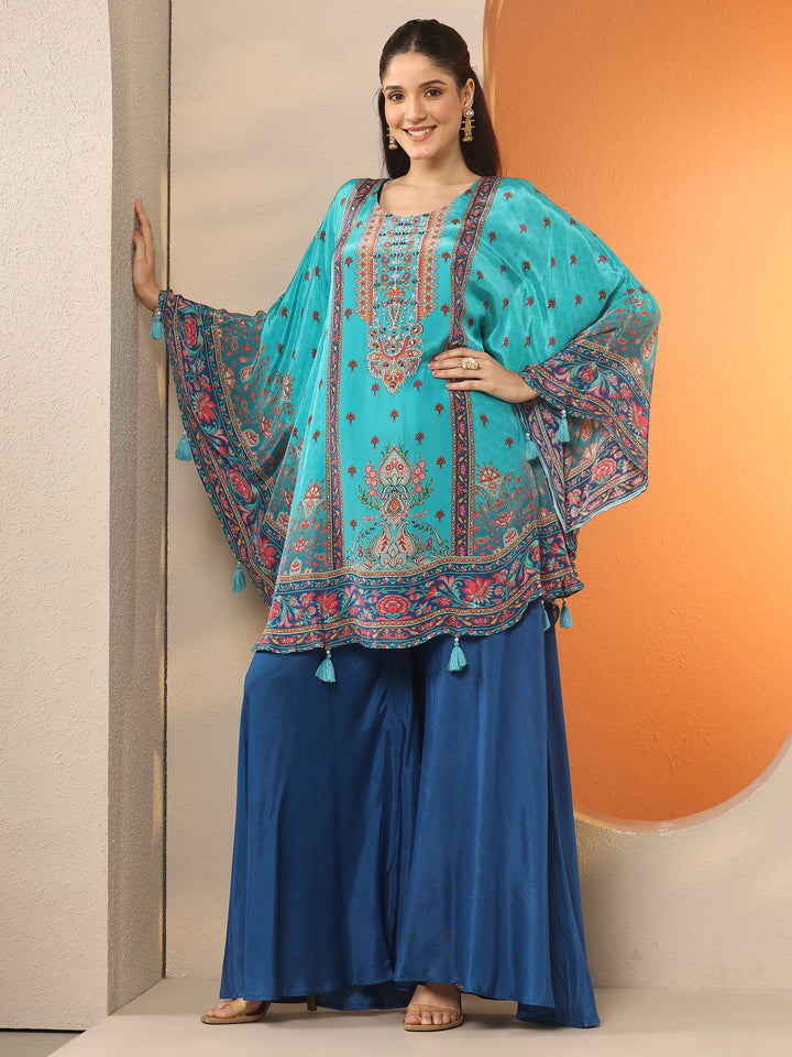 Blue Printed Crepe A-Line Kurta Set