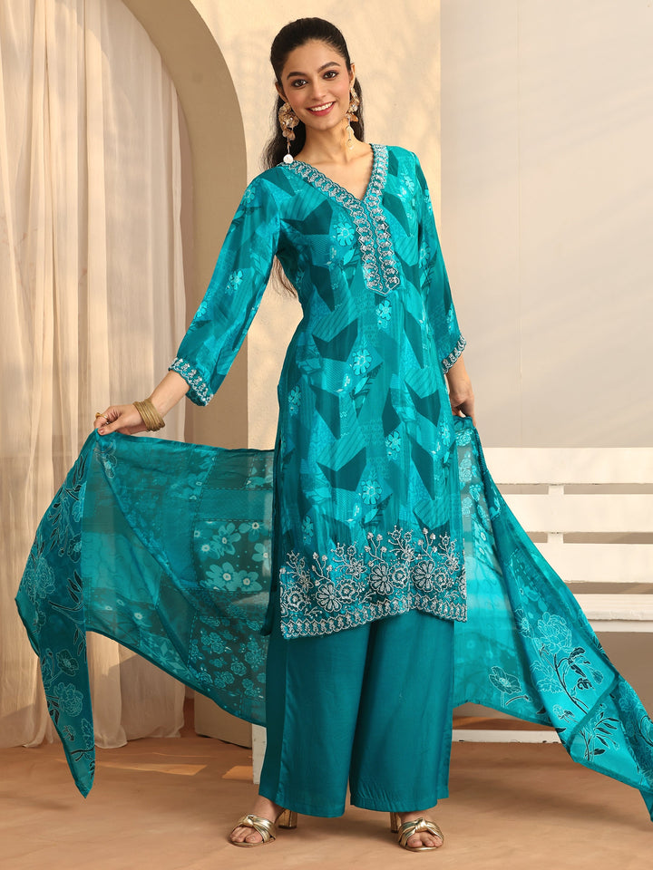 Libas Art Blue Printed Silk blend Straight Suit Set With Dupatta