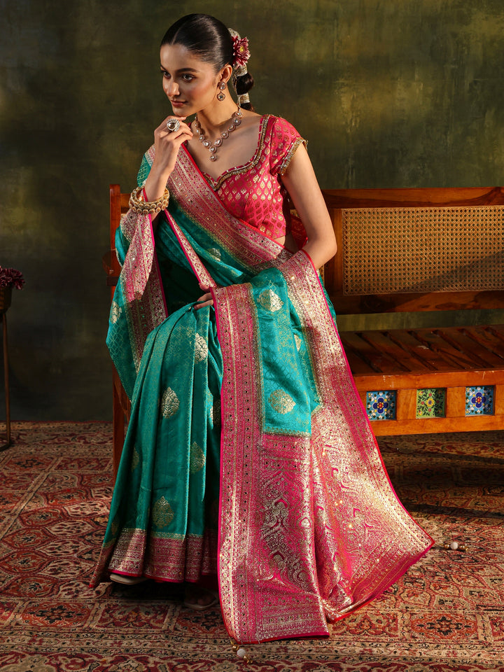 Libas Art Blue Woven Design Silk Blend Banarasi Saree With Unstitched Blouse Piece