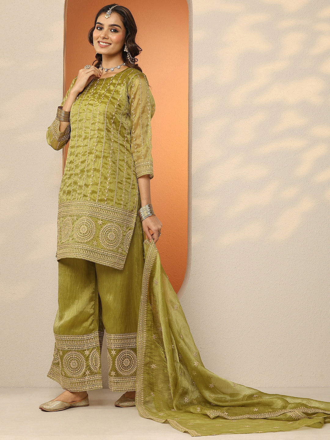 Libas Art Burgundy Embroidered Chinon Straight Suit Set With Dupatta