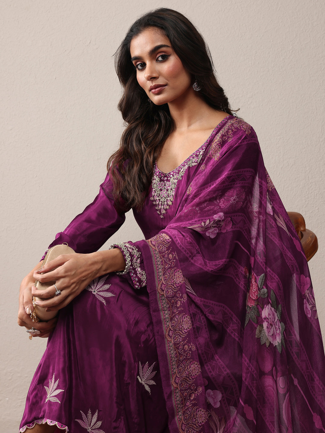 Burgundy Embroidered Silk Crepe A-Line Suit Set With Dupatta