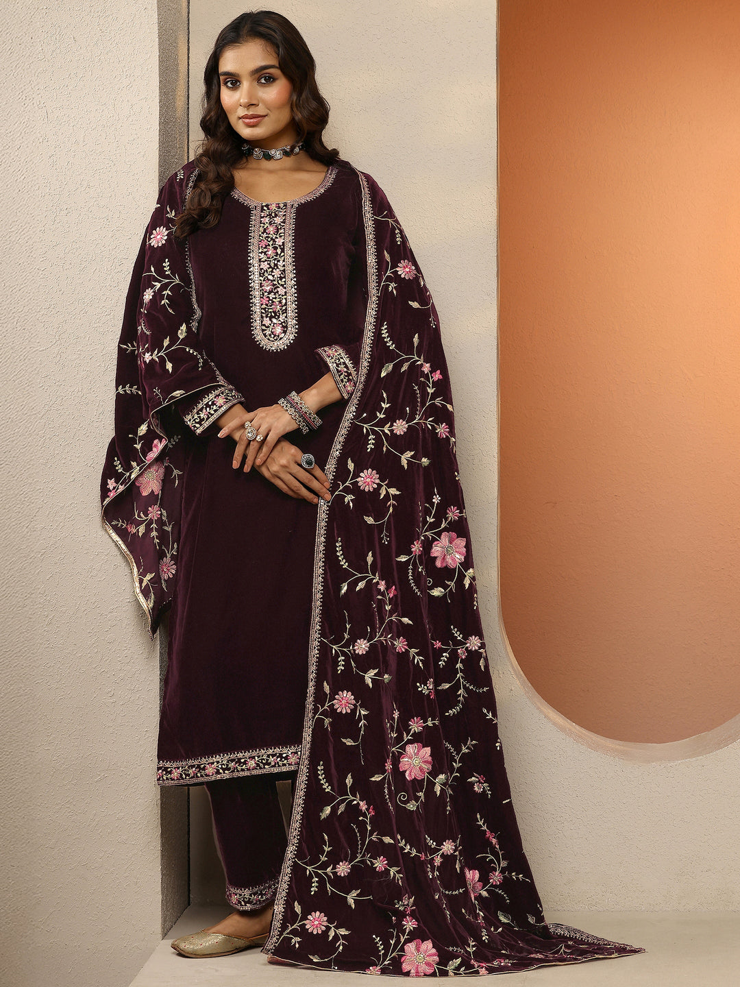 Libas Art Burgundy Embroidered Velvet Straight Suit Set With Dupatta