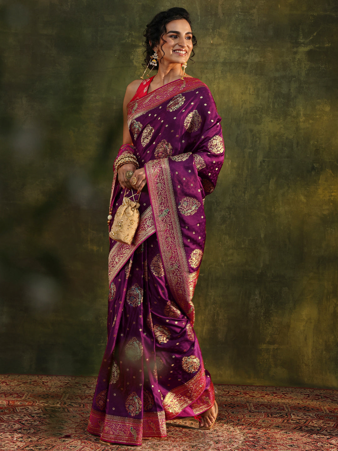 Libas Art Burgundy Ethnic Woven Design Satin Saree With Unstitched Blouse Piece