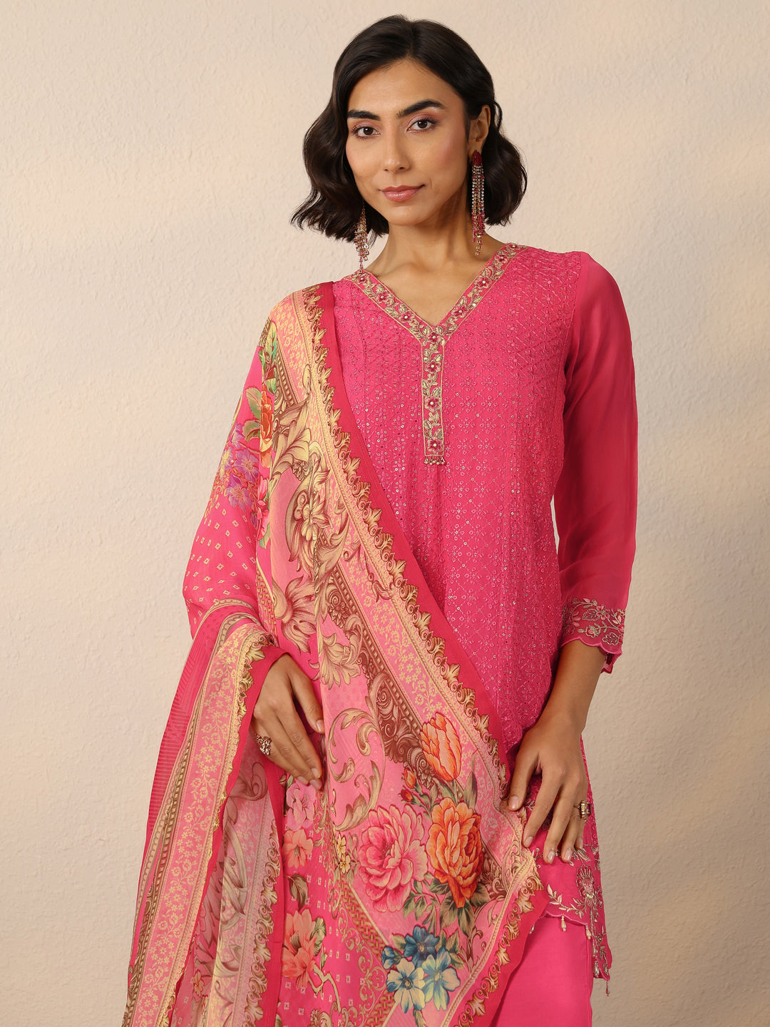 Coral Embroidered Organza Suit Set With Dupatta