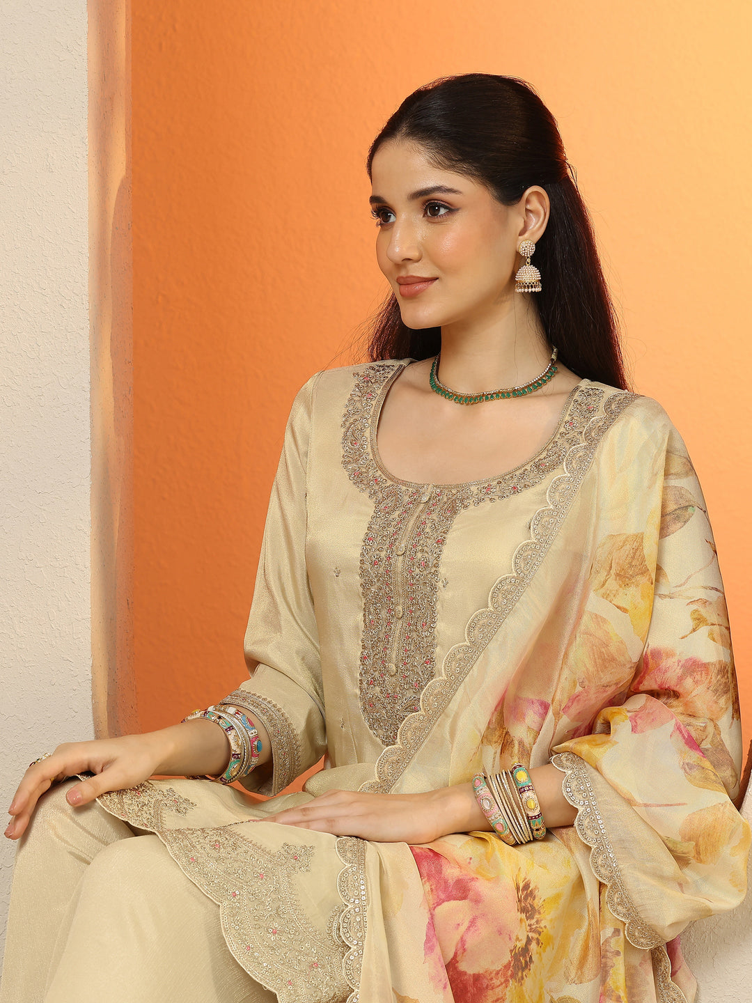 Libas Art Cream Embroidered Silk Blend Straight Suit Set With Dupatta