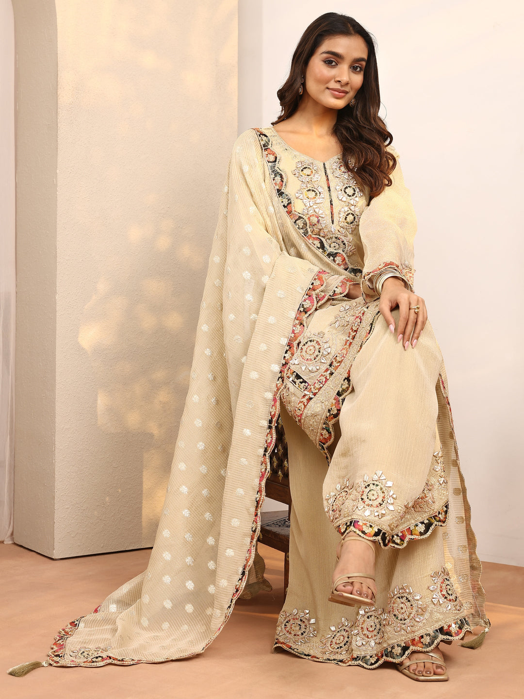 Libas Art Cream Embroidered Silk Blend Straight Suit Set With Dupatta