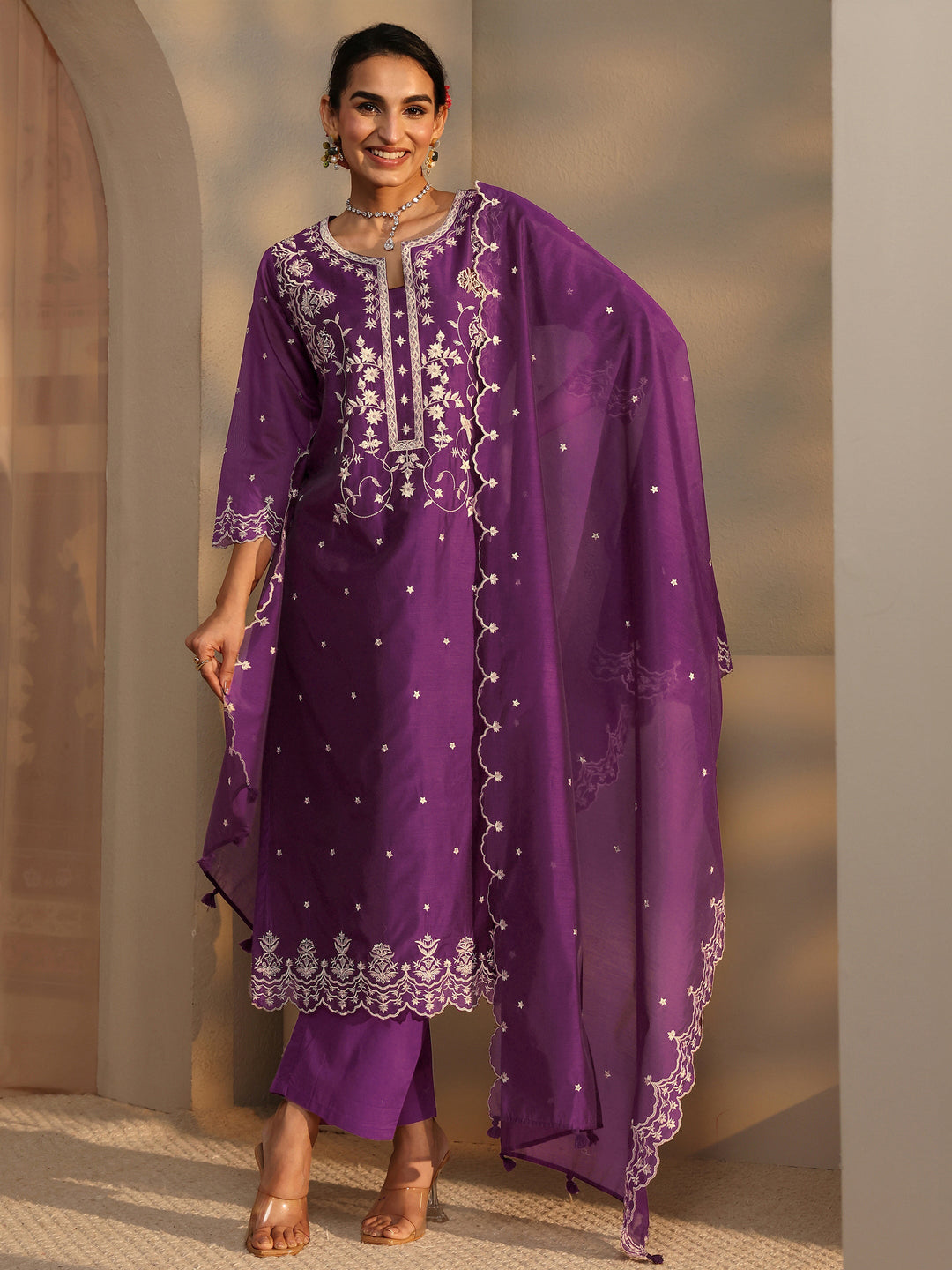Libas Art Floral Embroidered Silk Blend Straight Suit Set With Dupatta