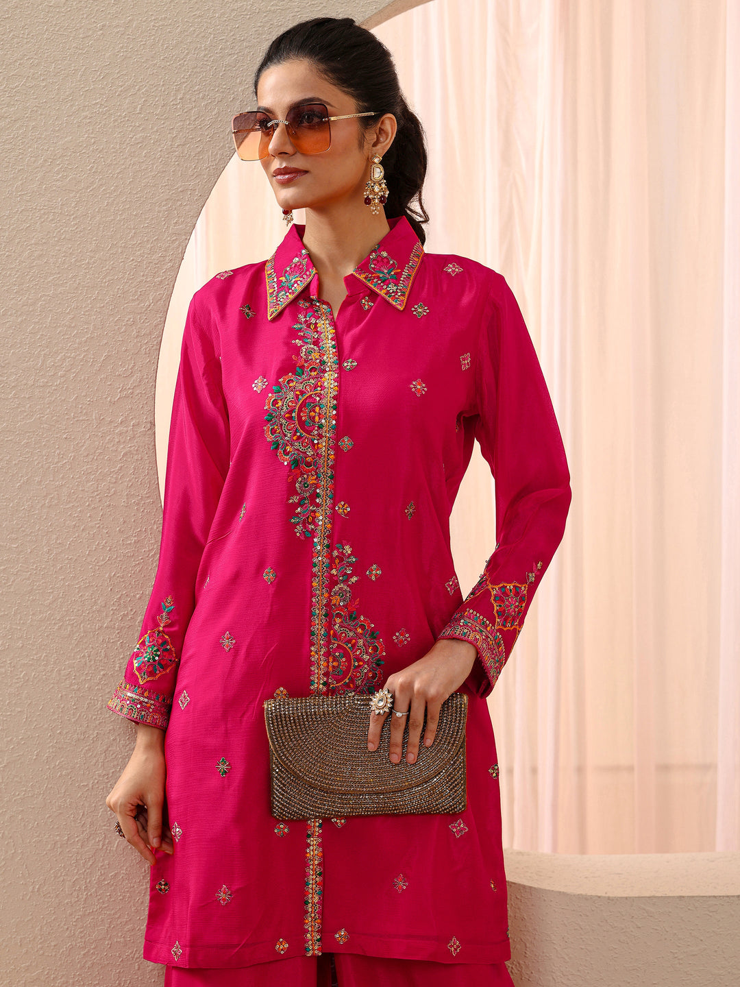Libas Art Fuchsia Pink Embroidered Chinon Co-Ord Set