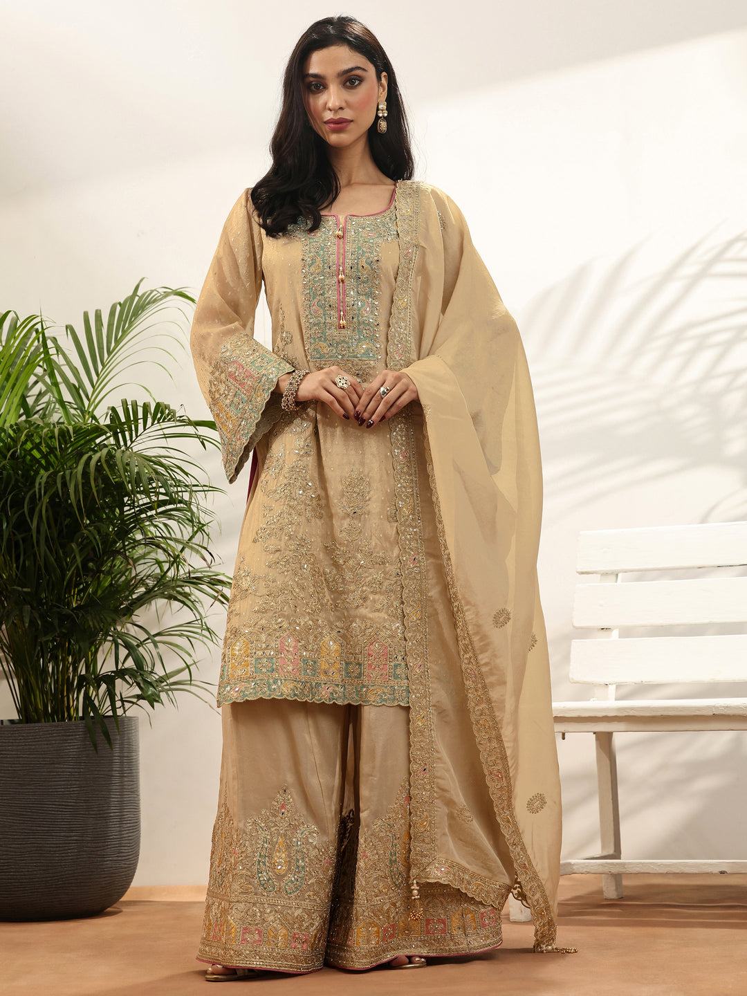Libas Art Gold Embroidered Silk blend Suit Set With Dupatta