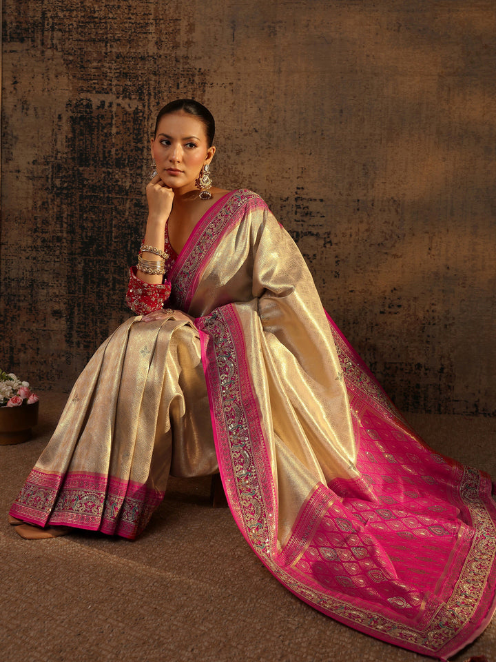 Libas Art Gold Ethnic Motifs Woven Design Silk Blend Saree With Unstitched Blouse Piece