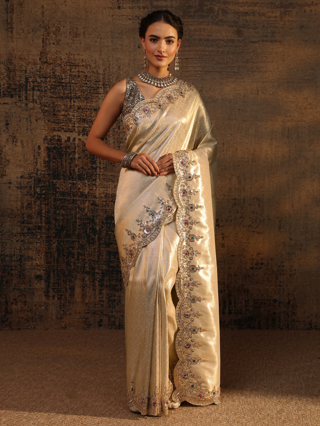 Libas Art Gold Ethnic Motifs Woven Design Silk Blend Saree With Unstitched Blouse Piece