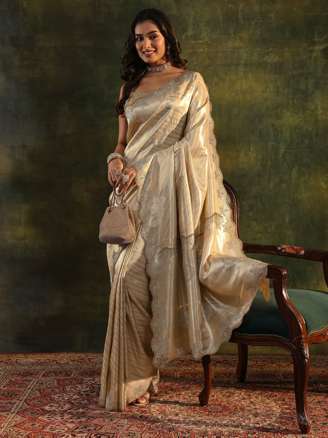 Libas Art Gold Floral Embellished Silk Blend Saree With Unstitched Blouse Piece