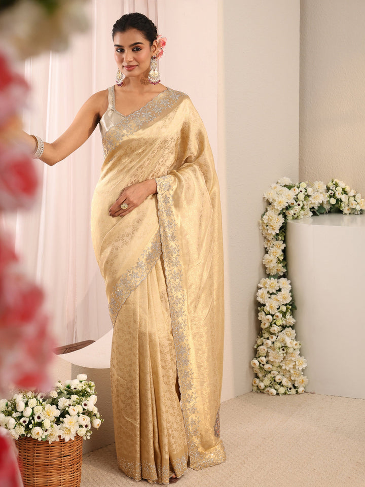 Libas Art Gold Floral Woven Design Silk Blend Saree With Unstitched Blouse Piece