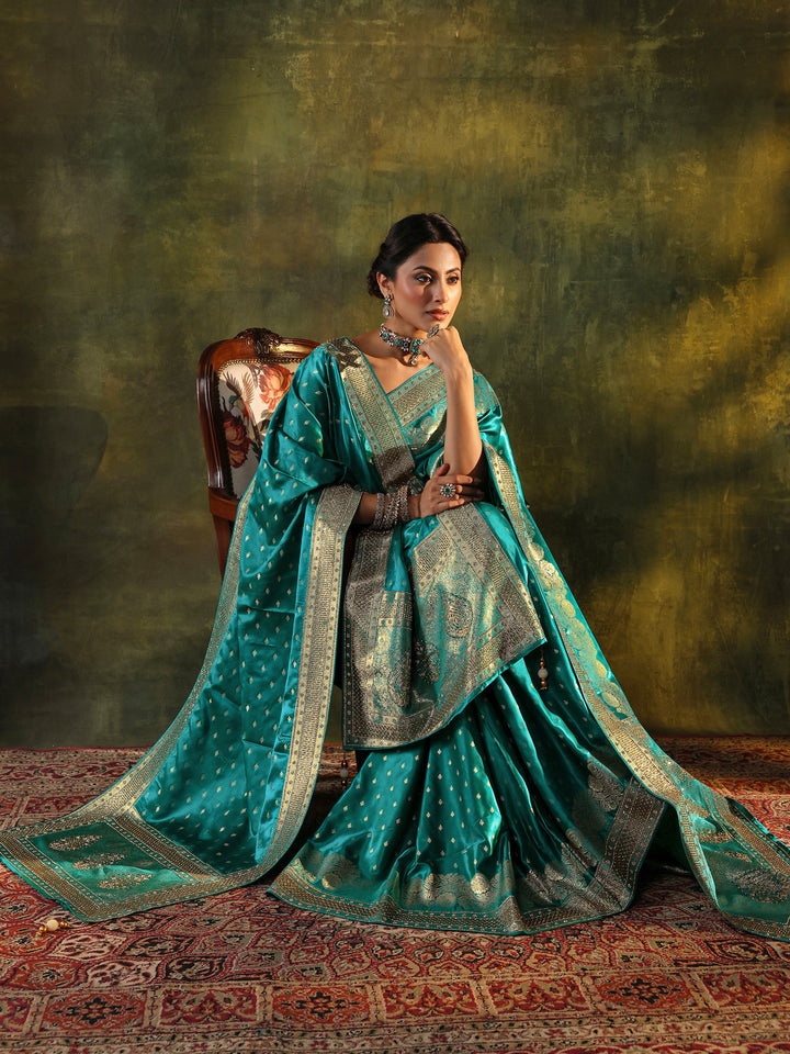 Libas Art Green Banarasi Satin Saree  With Unstitched Blouse And Dupatta