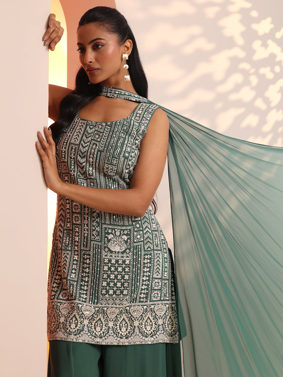 Green Embellished Georgette Straight Suit Set With Dupatta