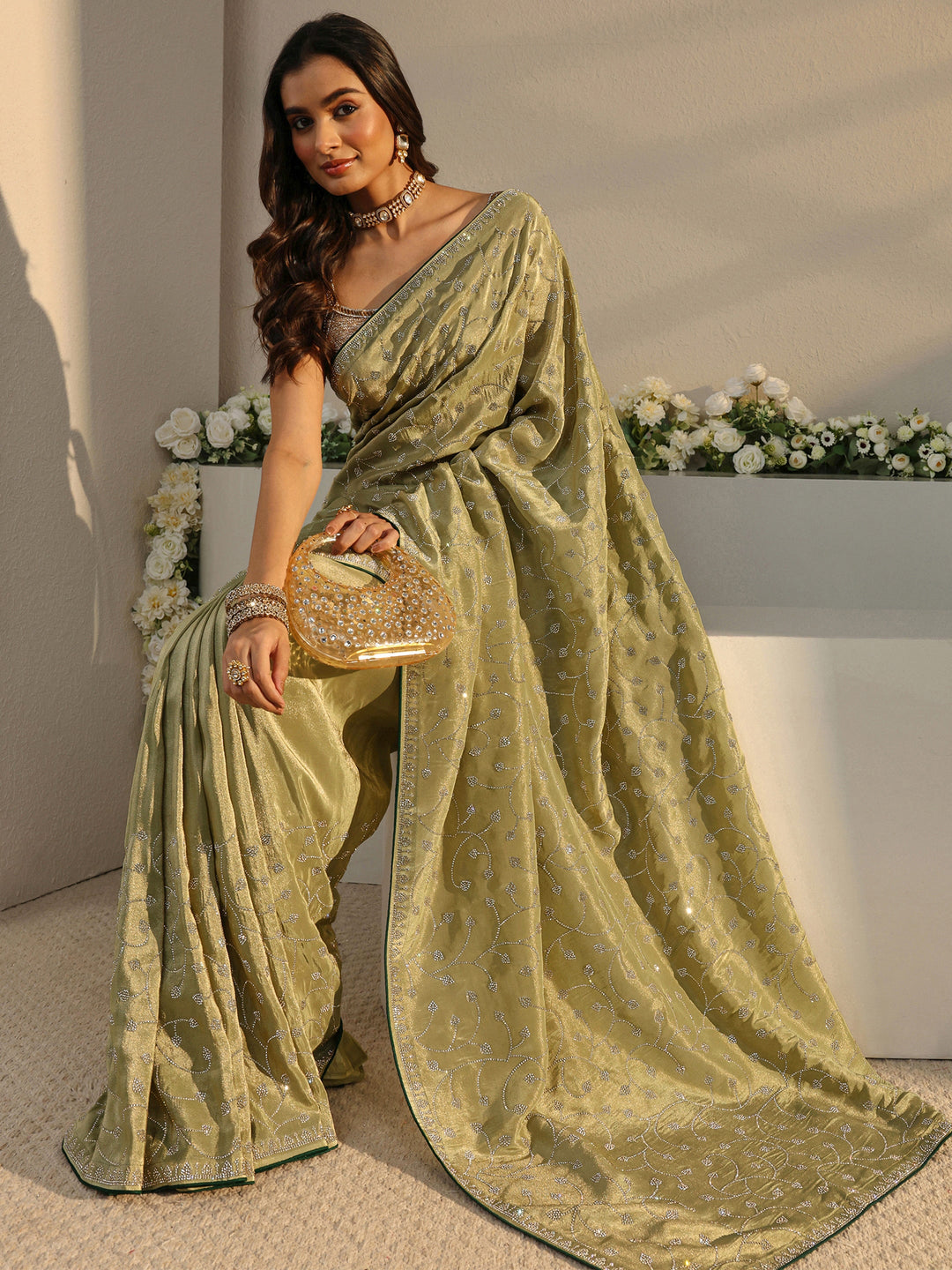 Libas Art Green Embellished Tissue Saree With Unstitched Blouse Piece