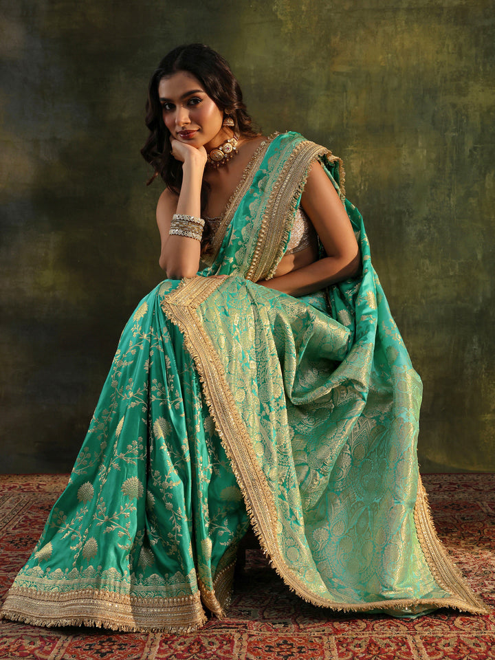 Libas Art Green Embellished Woven Design  Silk Saree With Unstitched Blouse Piece