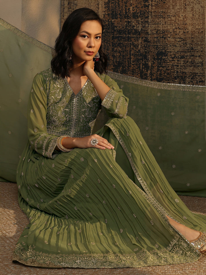 Libas Art Green Embroidered Chinon A-Line Suit Set With Dupatta