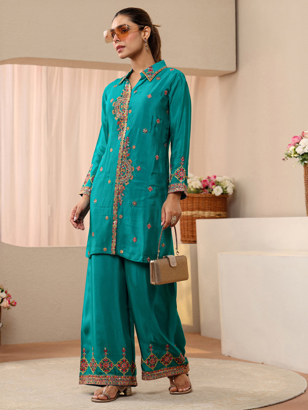 Libas Art Green Embroidered Chinon Co-Ord Set