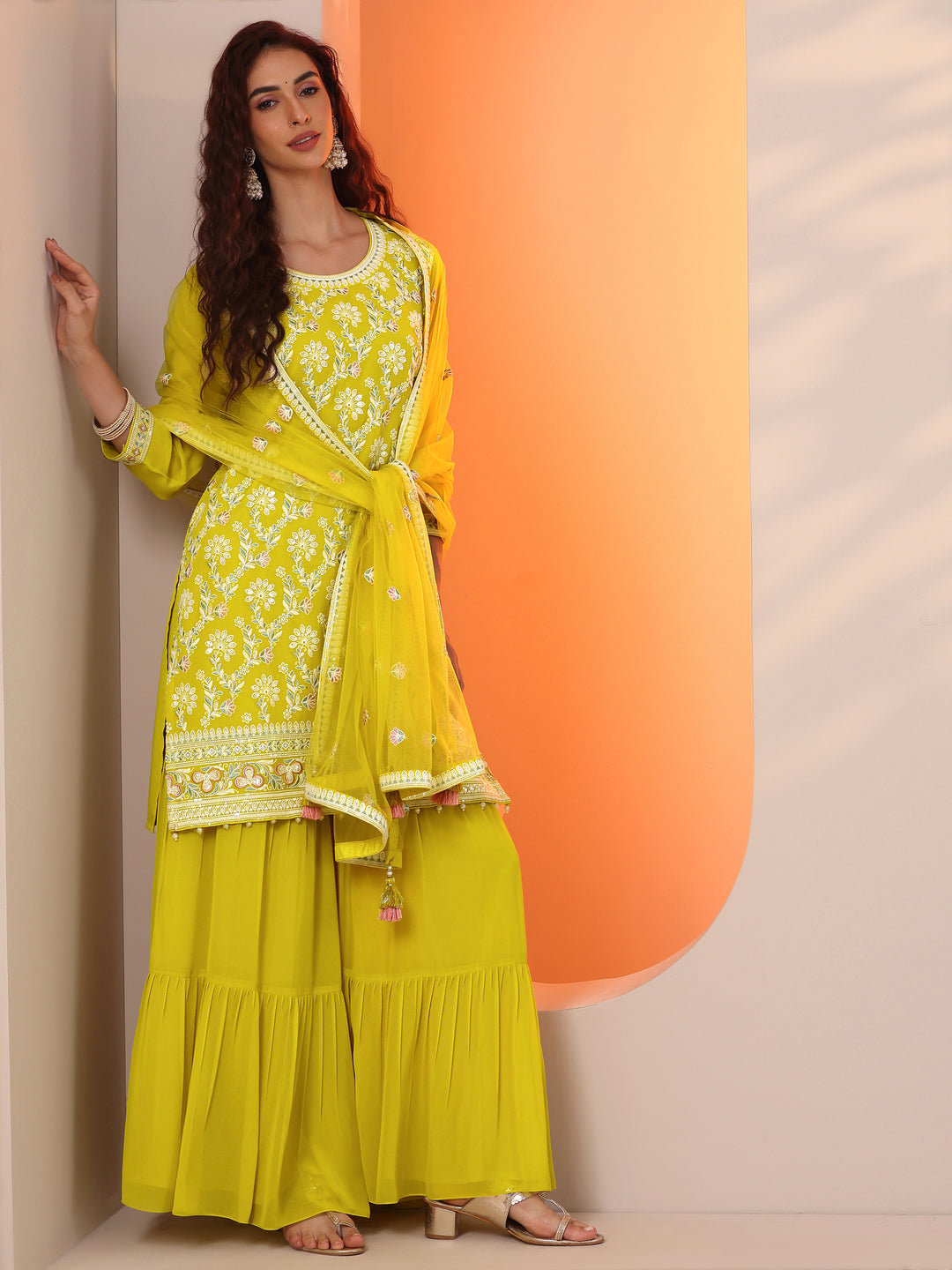 Libas Art Green Embroidered Georgette Straight Suit Set With Dupatta